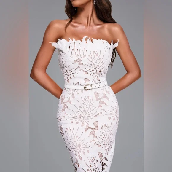 Stripe Strapless Lace Midi Bandage Dress - Picture 3 of 4